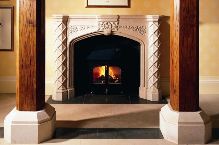stone fireplace in ambient light