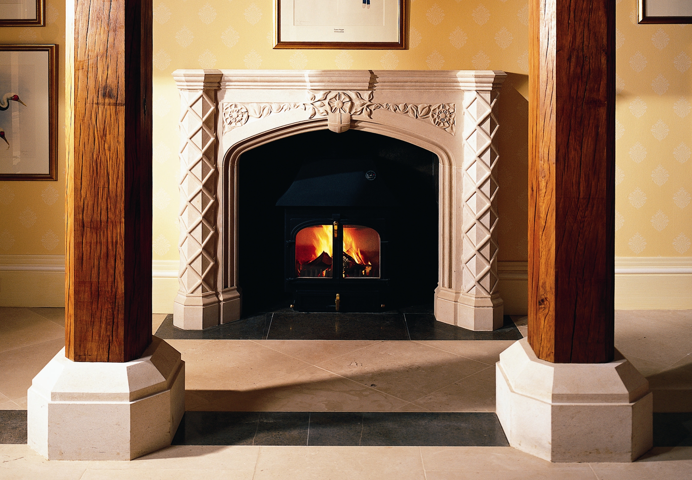15. Carved Portland stone fireplace, influenced by the refurbished hall’s building details – North Yorkshire