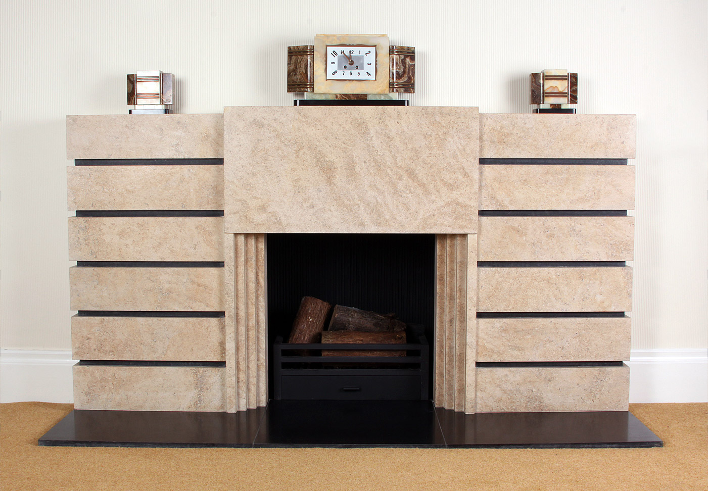 Stone Fireplace with Black Granite Detail